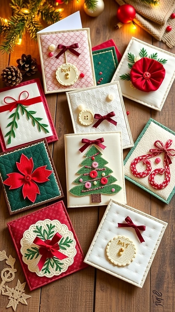 A variety of quilted Christmas cards with colorful fabric patterns and embellishments on a wooden table.